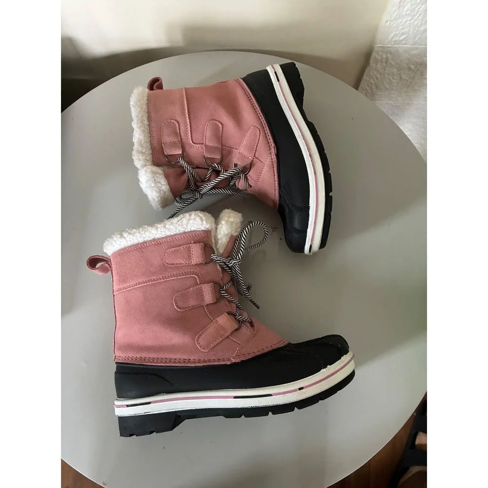 Cat & Jack Girls Pink Black Winter Snow Boots Faux Fur Lined Size 3